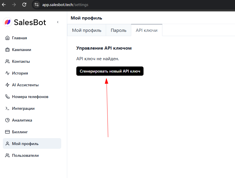 Вкладка «API ключи» и кнопка «Сгенерировать новый API ключ»