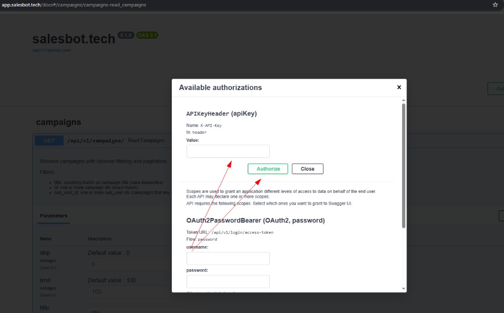 Окно Available authorizations: ввод X-API-Key и кнопка Authorize