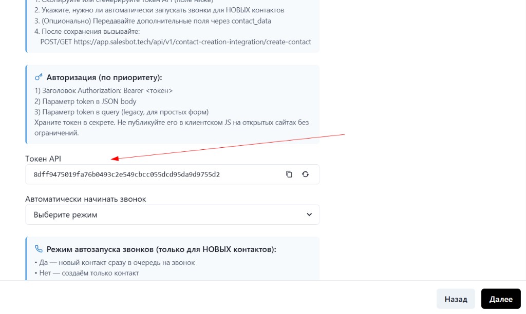 Поле «Токен API»